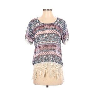 Maurices Shirt Womens Small Blue Short Sleeve Embroidere Boho Scoop Neckline